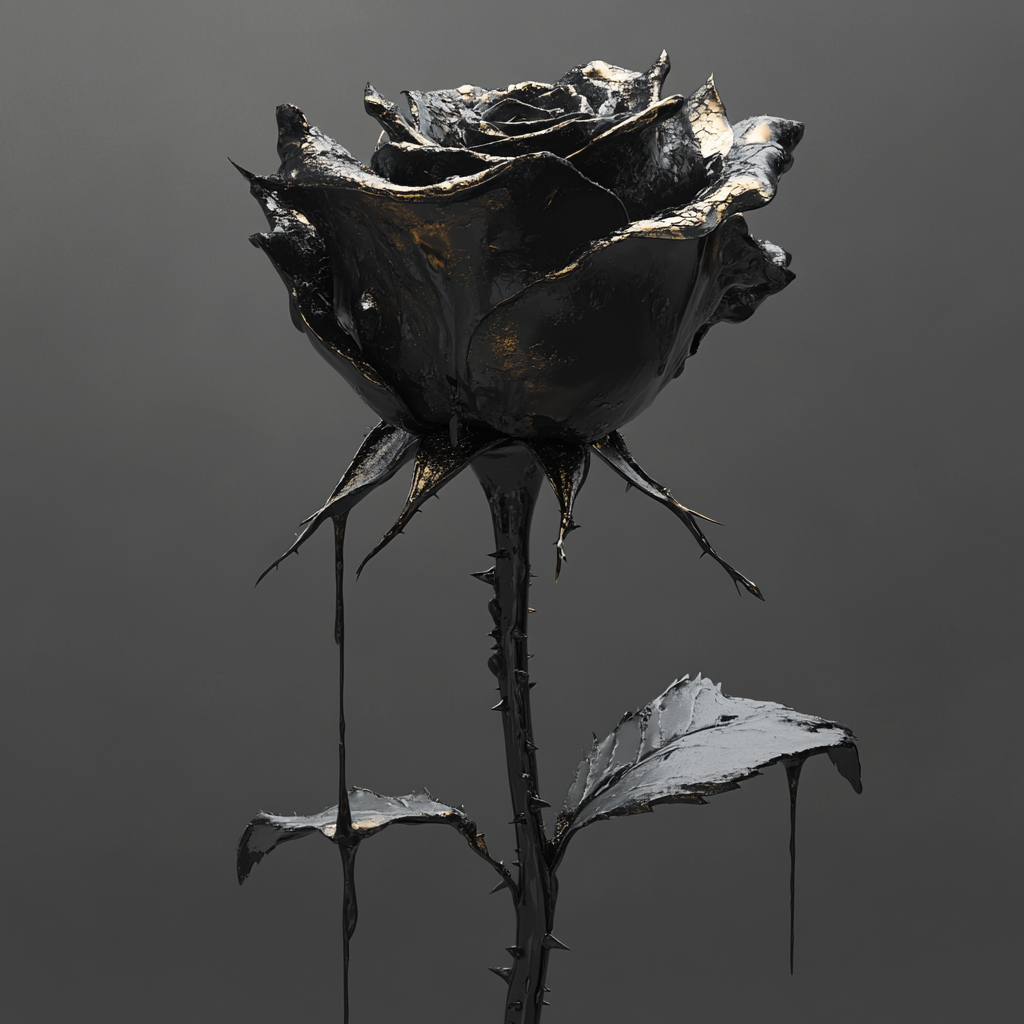 Dark, silver-lined rose with sharp, twisted thorns.