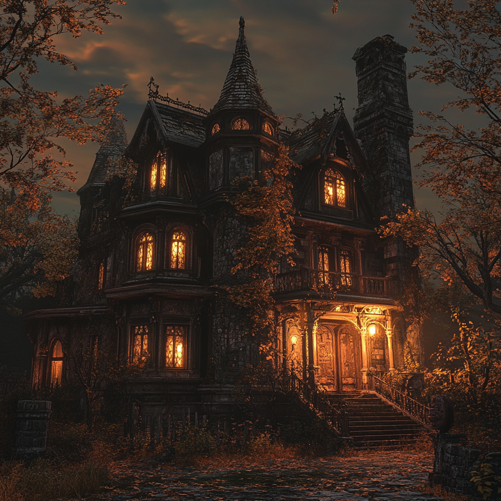 Dark, spooky Victorian house with eerie ambiance, Gothic style.