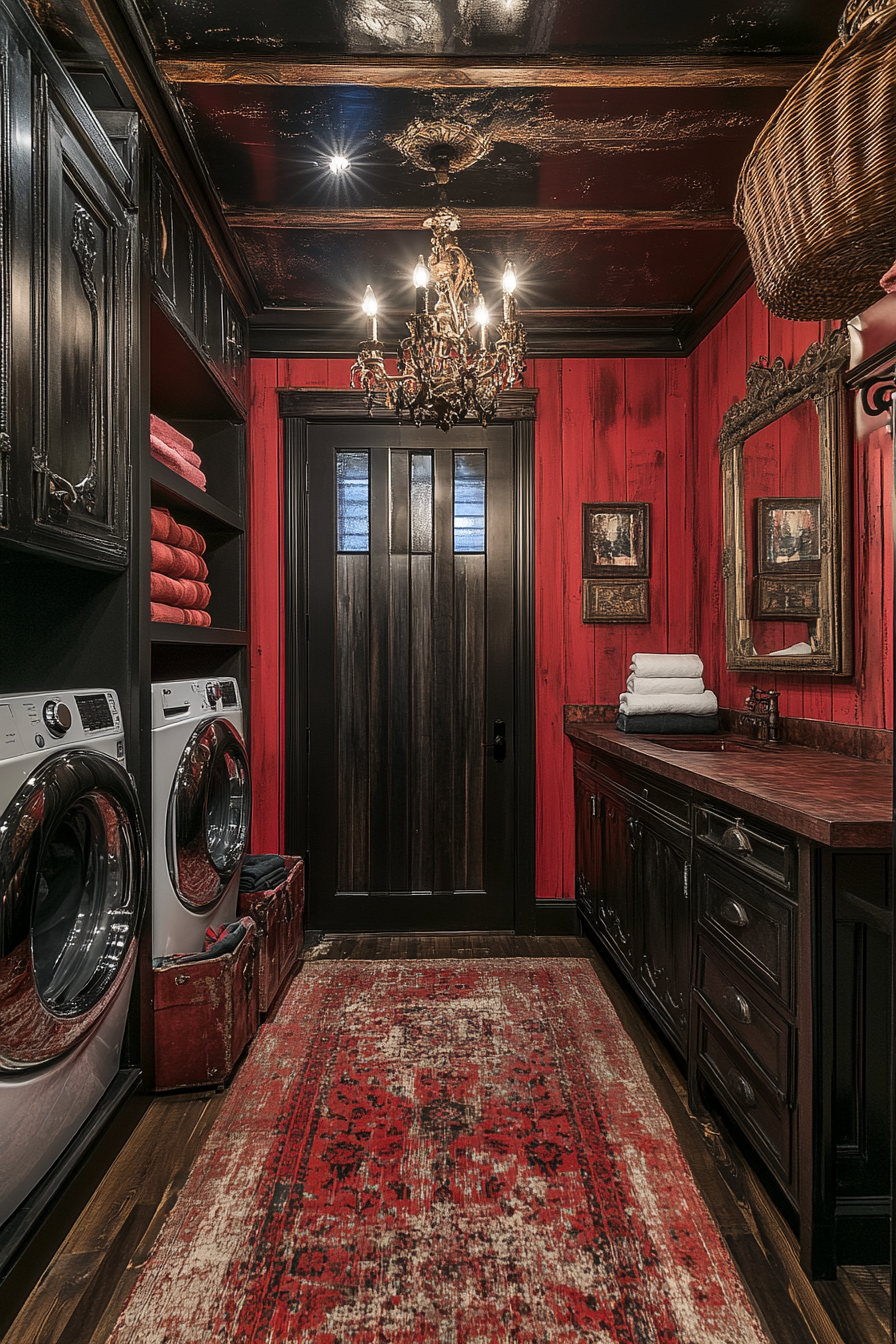 Dark, stylish laundry room with gothic chandeliers and leather.