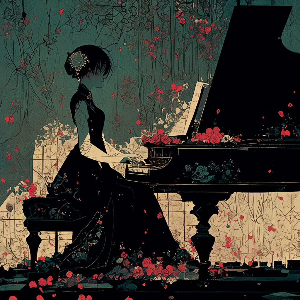 Dark Anime Style Horror Movie Poster with Piano