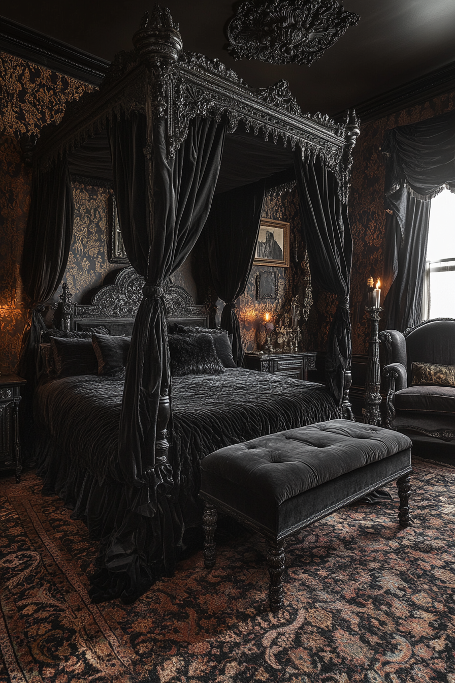 Dark Decadent Western Gothic bedroom with velvet, candelabra, tapestries.