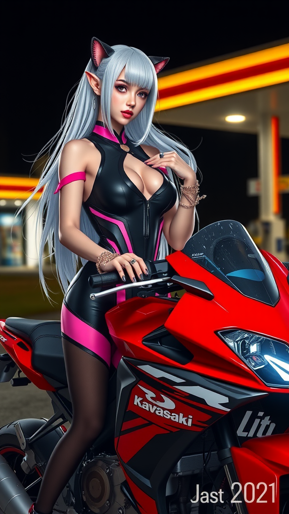 Dark Elf Girl in Sleeveless Dress on Sports Bike