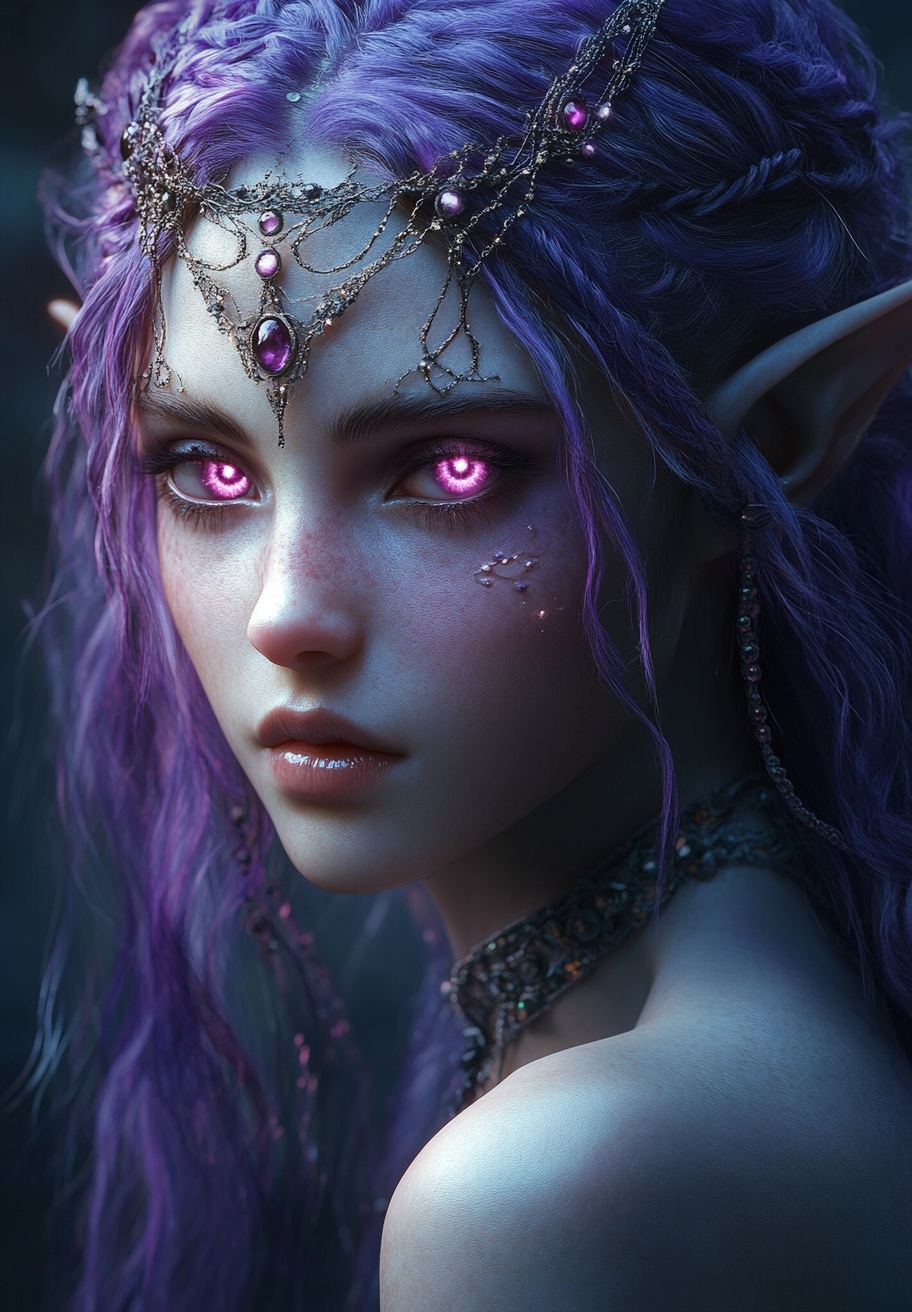 Dark Elf Woman with Purple Hair and Pink Glowing Eyes