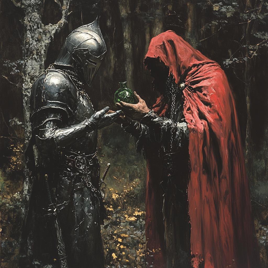 Dark Fantasy Elden Ring Wizard Offers Potion to Knight