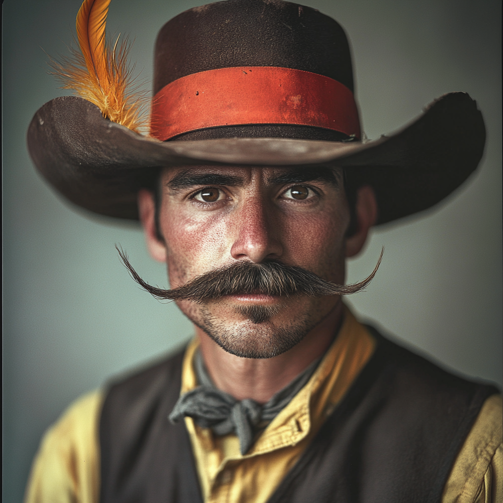 Dark-Featured Adventurous Cowboy Portrait, Serious Expression, Mid-Twenties 