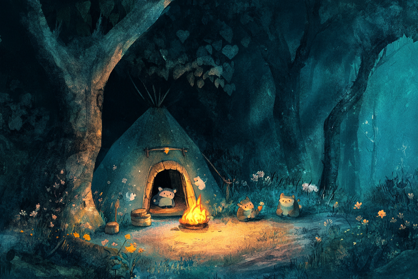 Dark Forest with Cute Animals, Kids, Fire, Book - Watercolor - AR 3:2