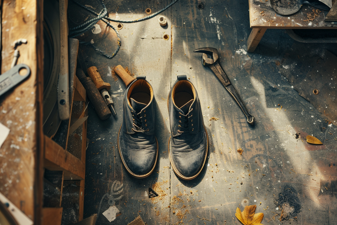 Dark Grey Boots and Handyman Tool: Industry Style