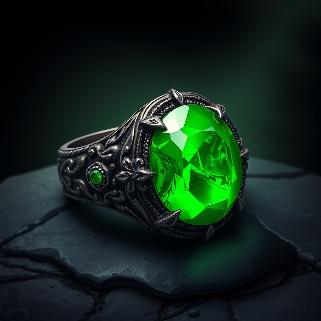 Dark Metal Ring with Green Magic Stone on Stone Ground