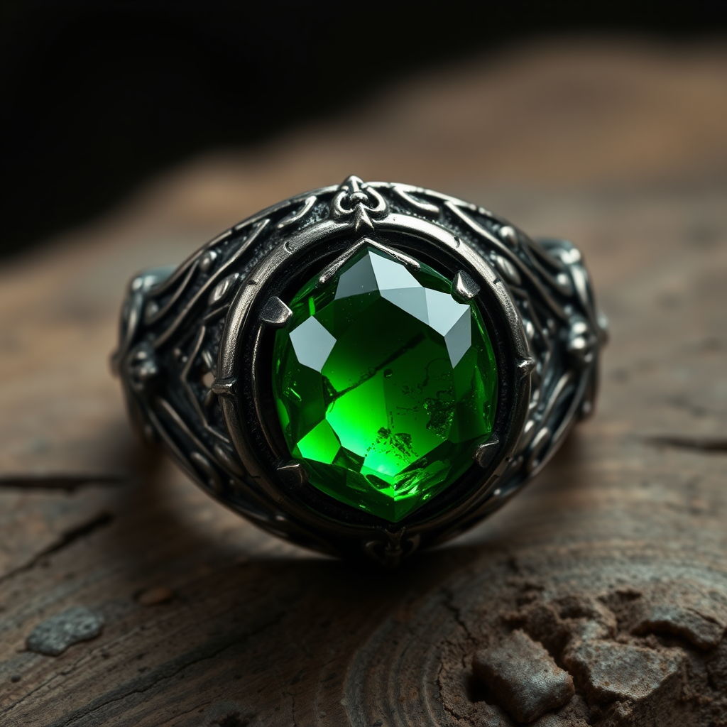 Dark Metal Ring with Green Magic Stone