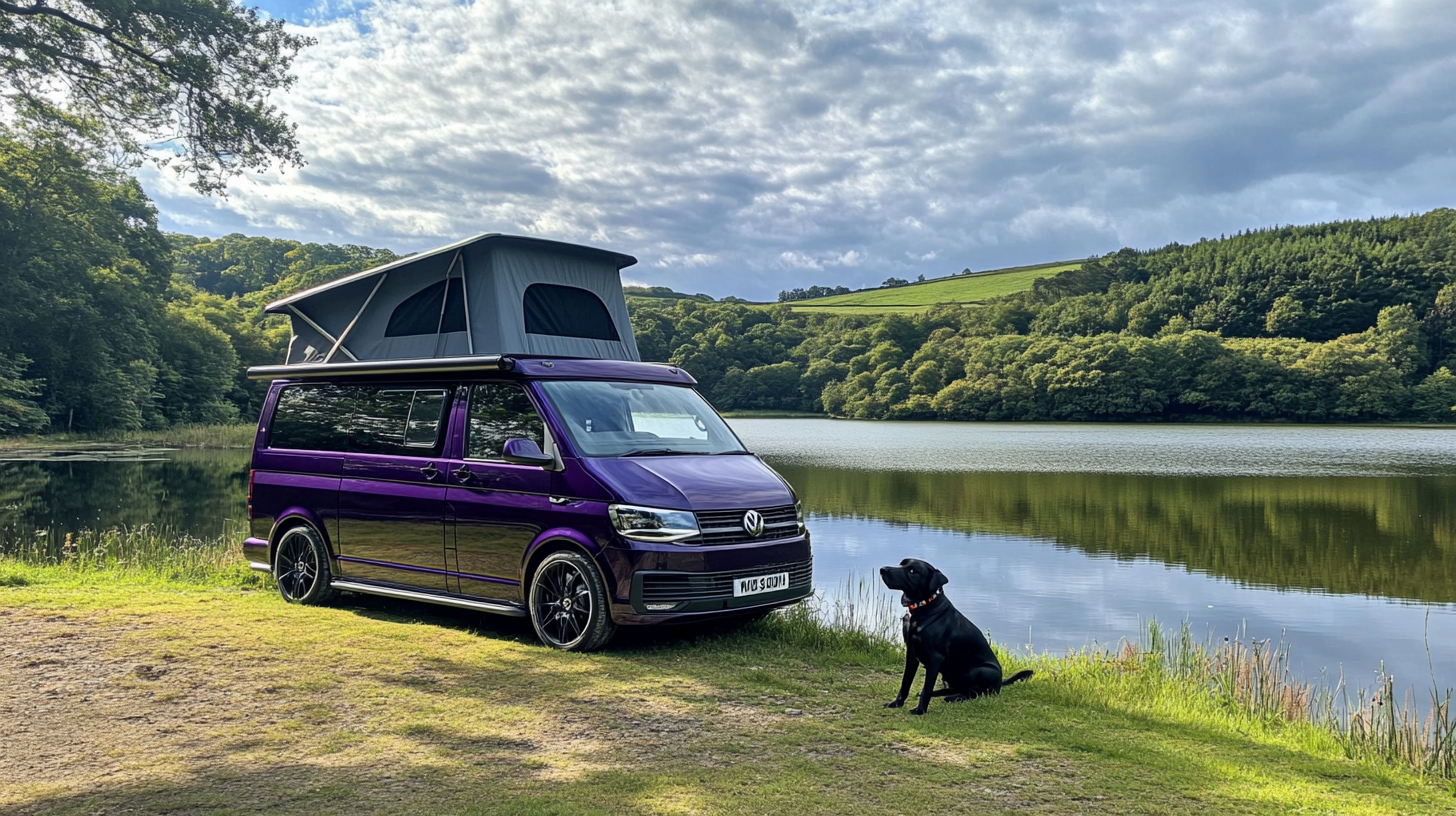 Dark Purple Blackberry Metallic 2014 T5 Transporter Camper Van with Pop Top, Side Awning, Dogs by Lake - Raw Style 16:9