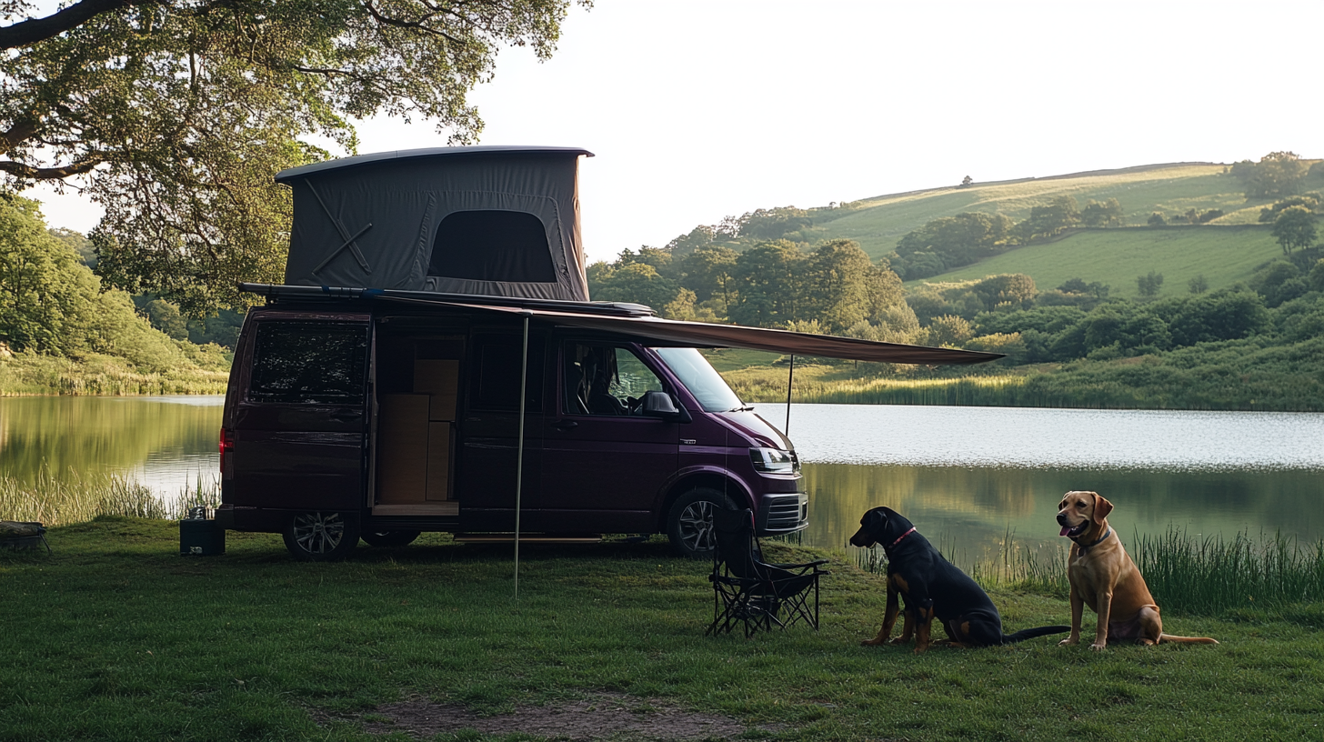 Dark Purple Blackberry Metallic Camper Van with Dogs