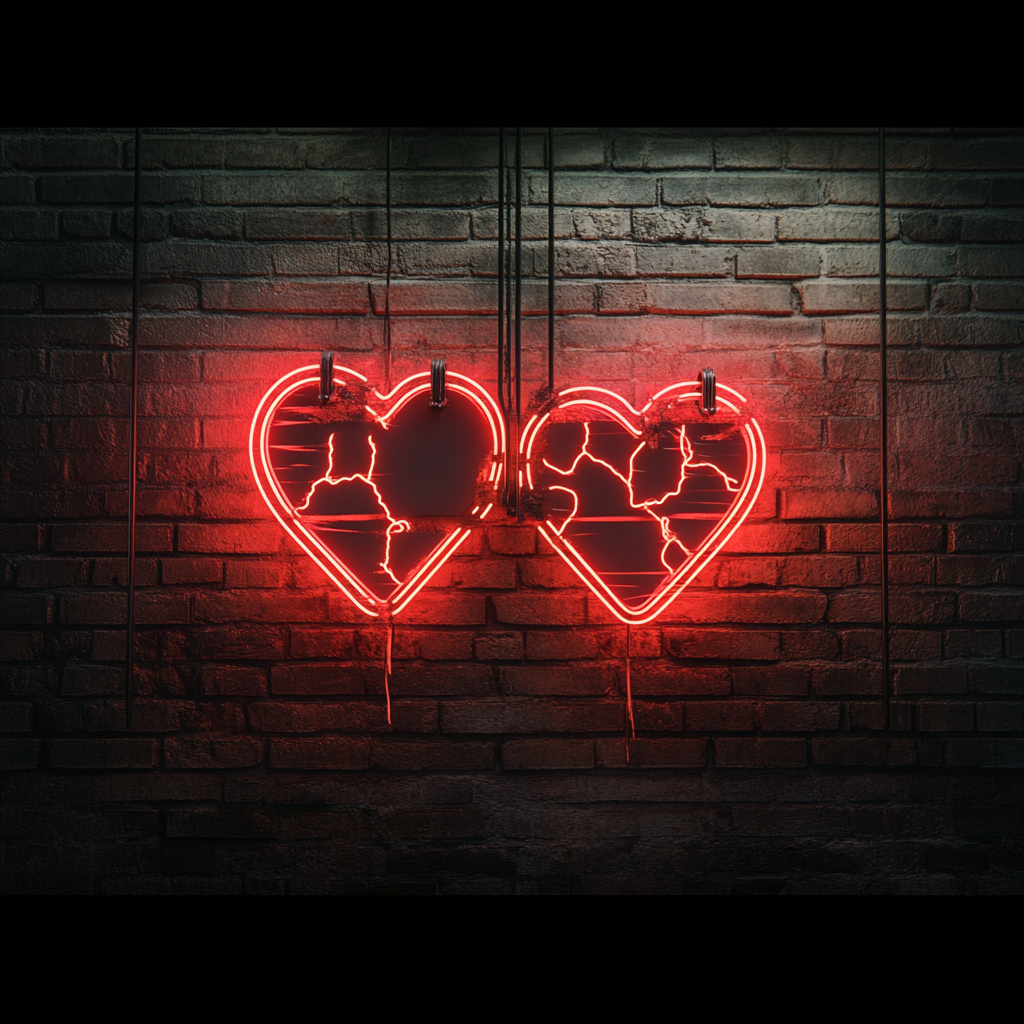 Dark Wall with Neon Broken Hearts and Kisses