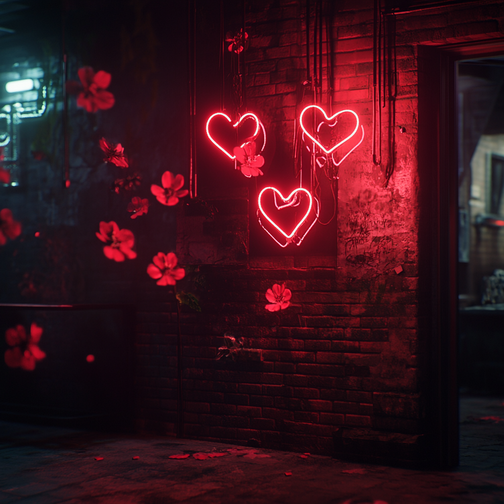 Dark Wall with Neon Signs of Broken Hearts, Red Kisses, and Flowers - Cinematic 8K Real Photo