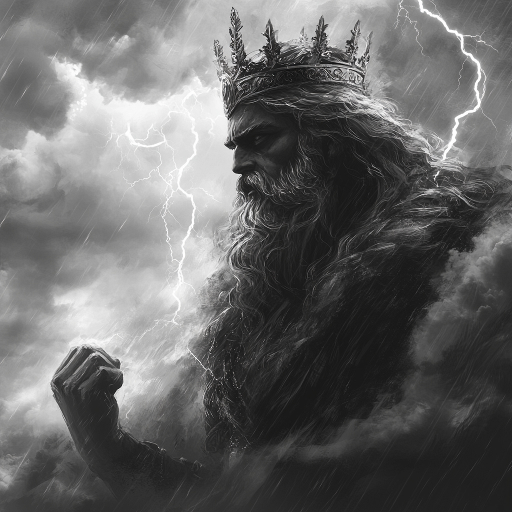 Dark Zeus with Lightning, Crown and Stormy Sky