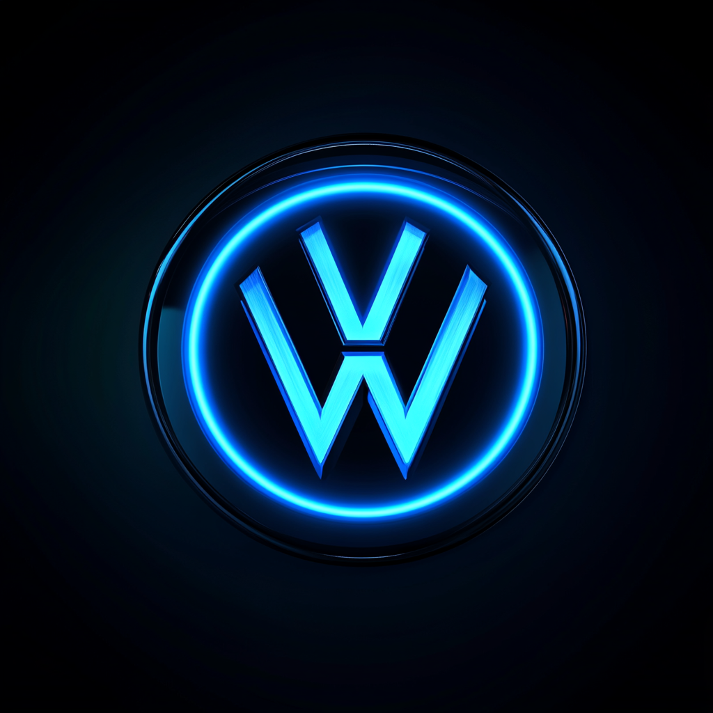 Dark abstract graphic, close-up of glowing Volkswagen logo.