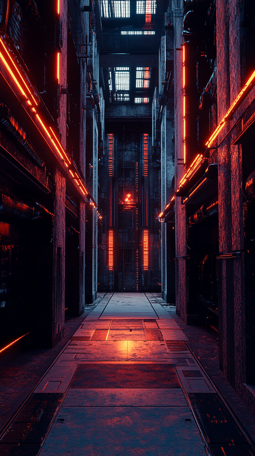 Dark alley, neon lights, symmetrical, atmospheric. Futuristic dystopian cityscape.