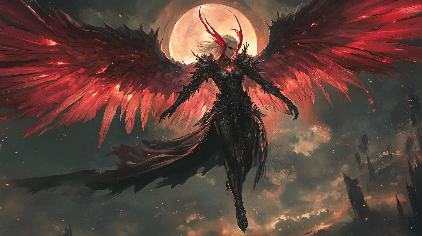 Dark armored angel with red and seraph wings flying.