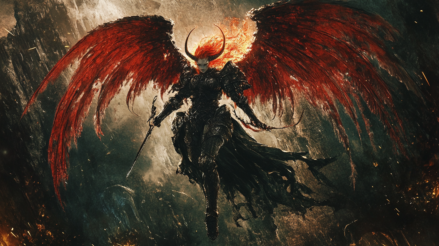 Dark armored fallen angel with fire halo and red wings.