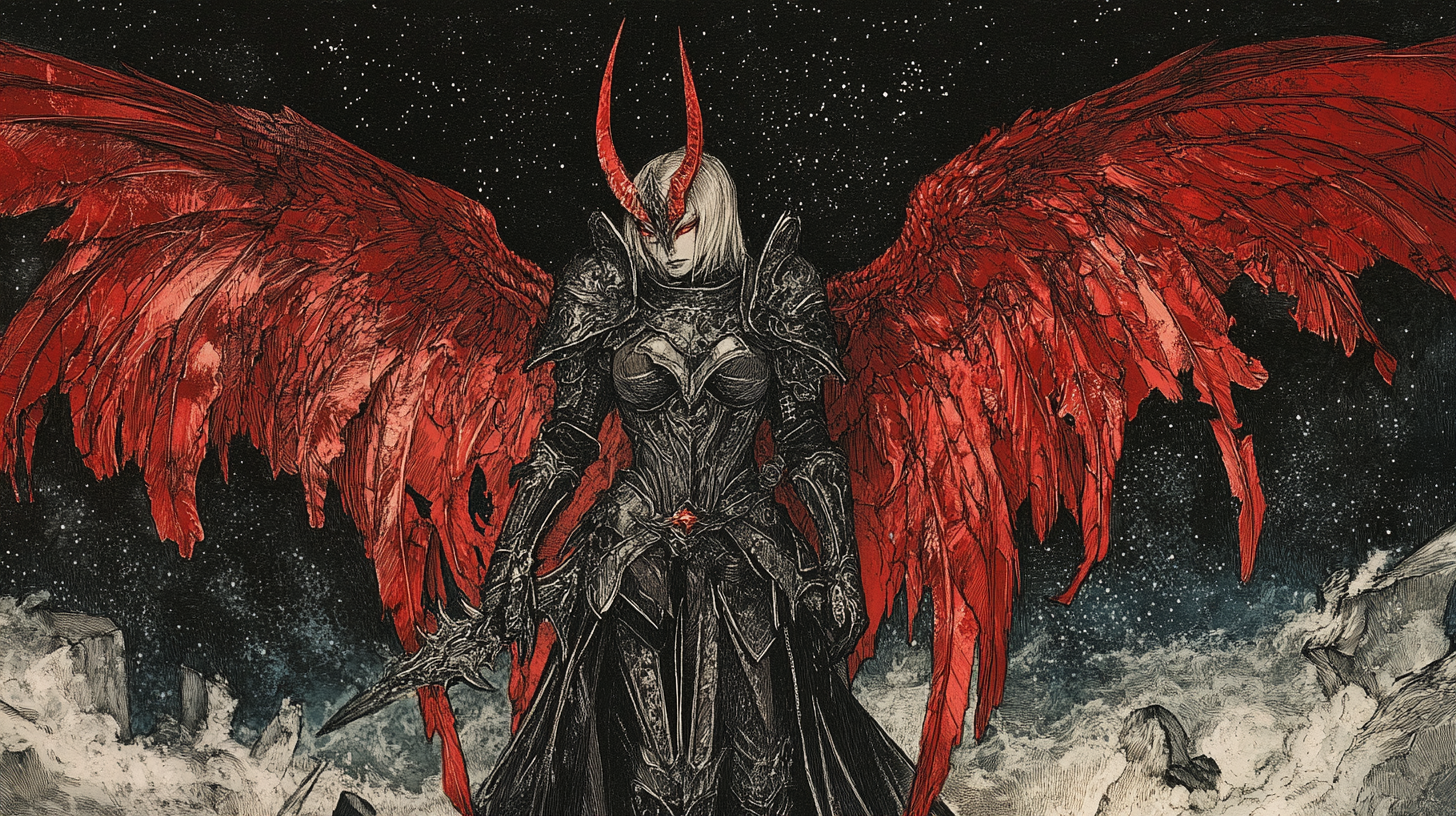 Dark armored fallen angel with red and seraph wings.