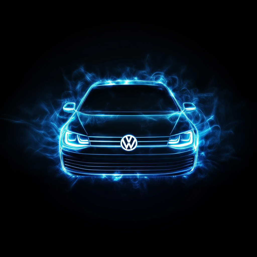 Dark background, flat Volkswagen logo, blue pulsating energy.