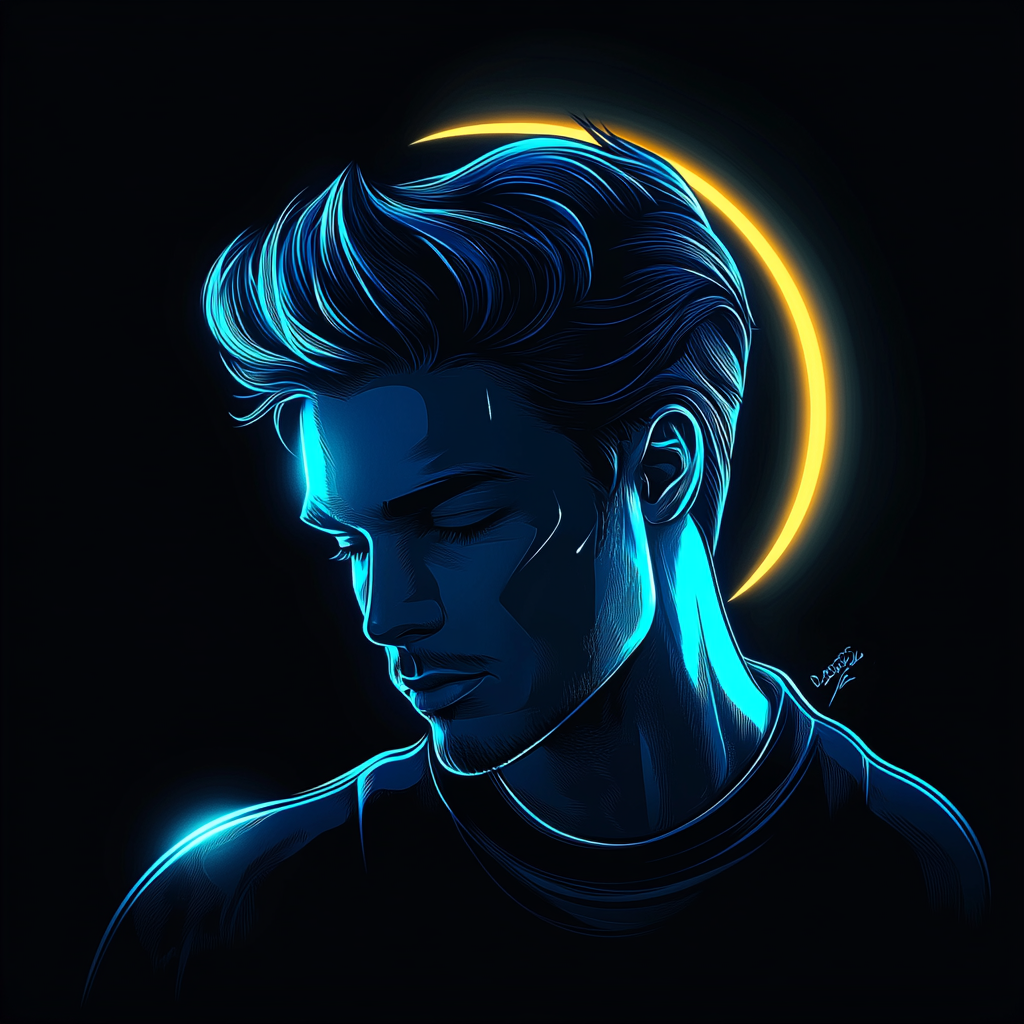 Dark black background with glowing blue gradient light.