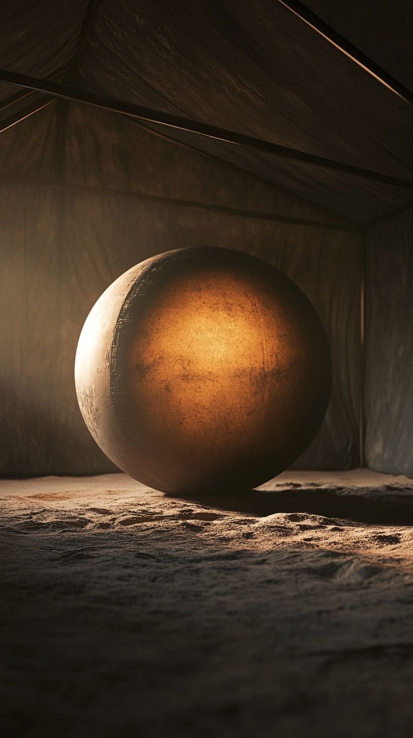 Dark bronze sphere in tent, blurred contours, low lights.