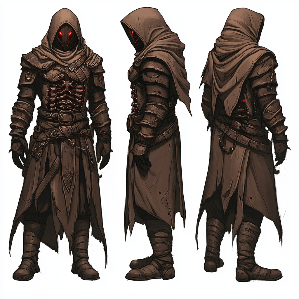 Dark brown leather armor, red-eyed inquisitor with centipede features.