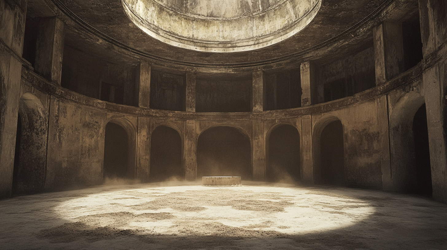 Dark circular room in ancient ruin filled with sand.