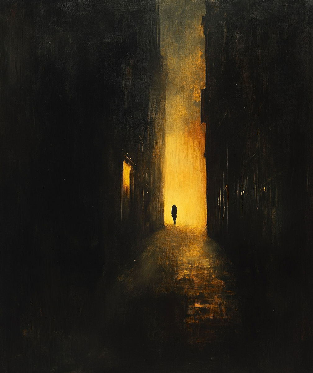 Dark cityscape with fog, eerie atmosphere, two silhouettes.