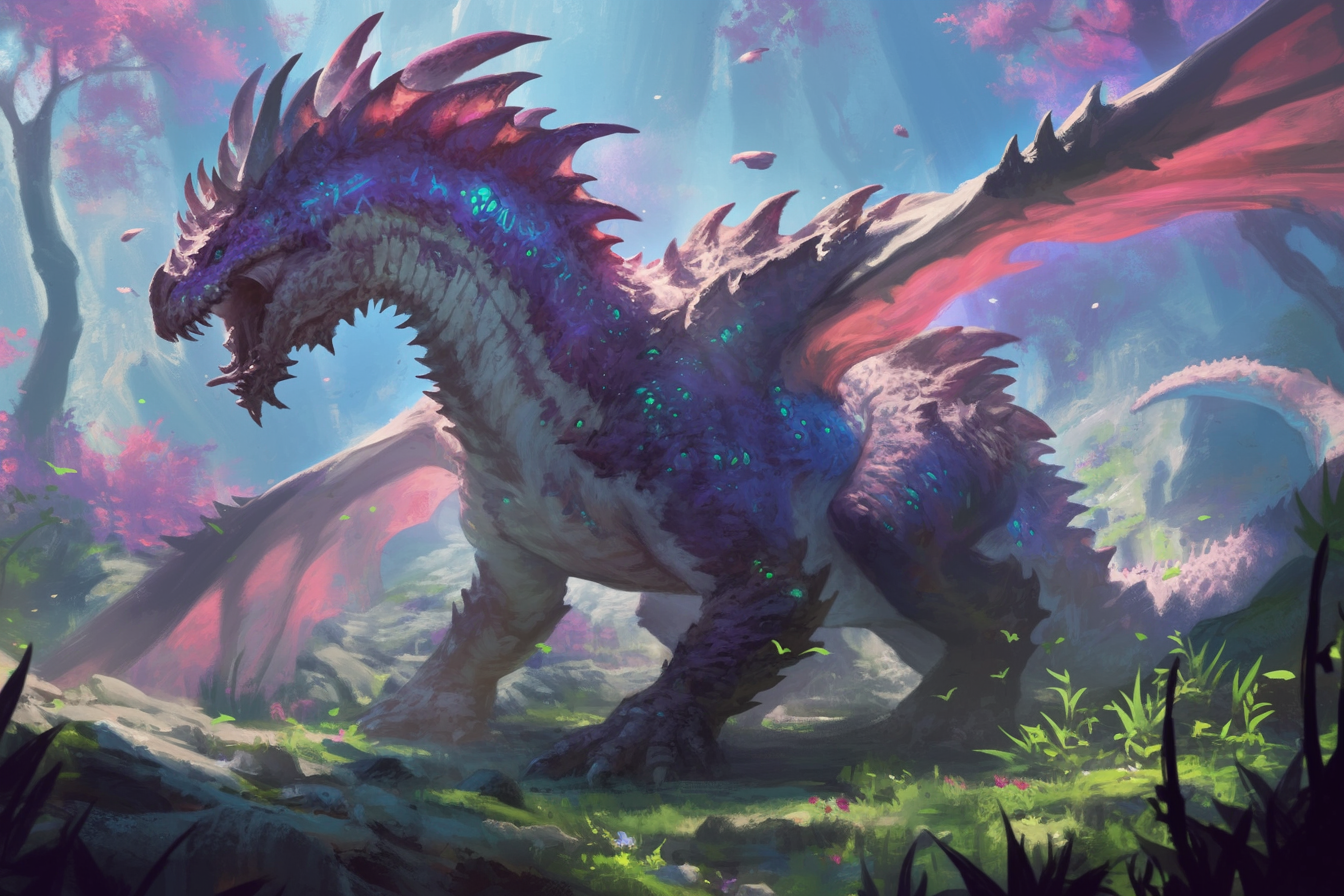 Dark dragon emerges from mystical meadow, anime style art.