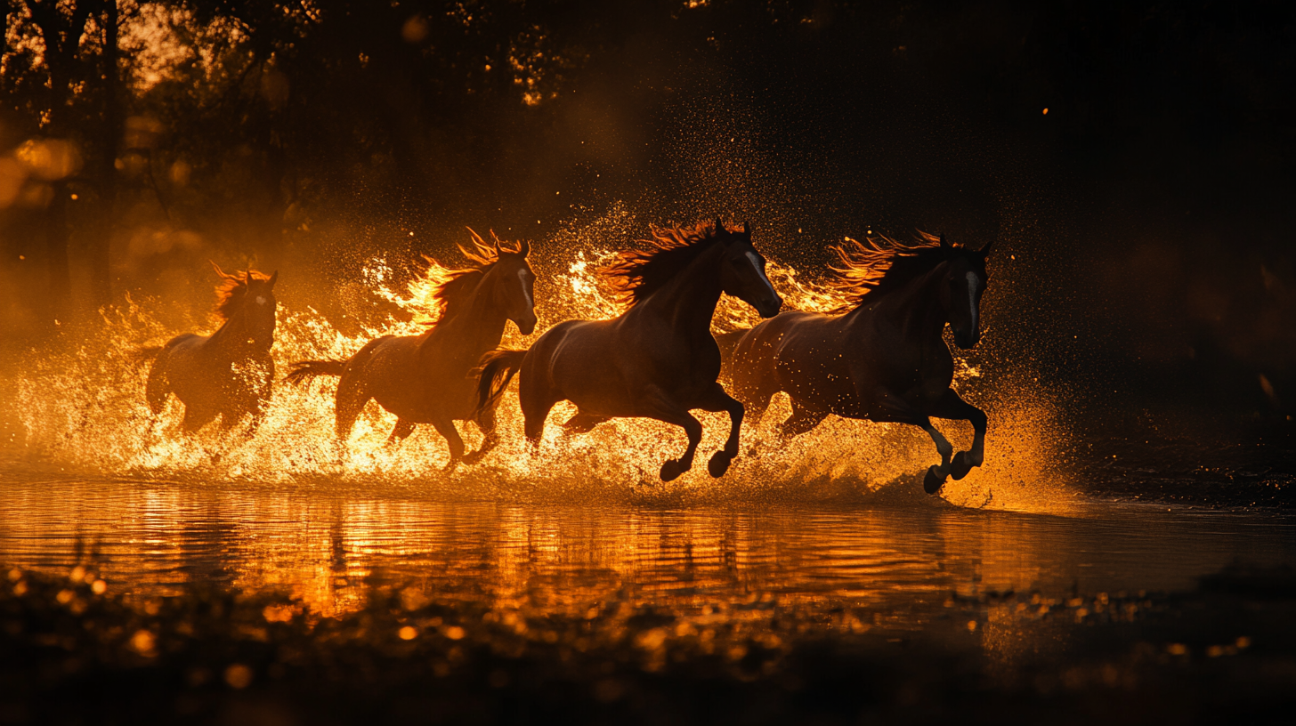 Dark dreamy galloping horses leaving fiery trails behind.