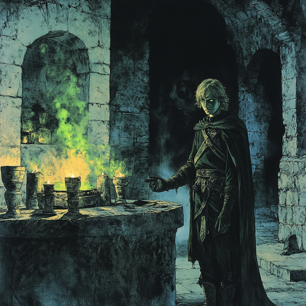 Dark fantasy illustration: young man gazes into flickering flames.