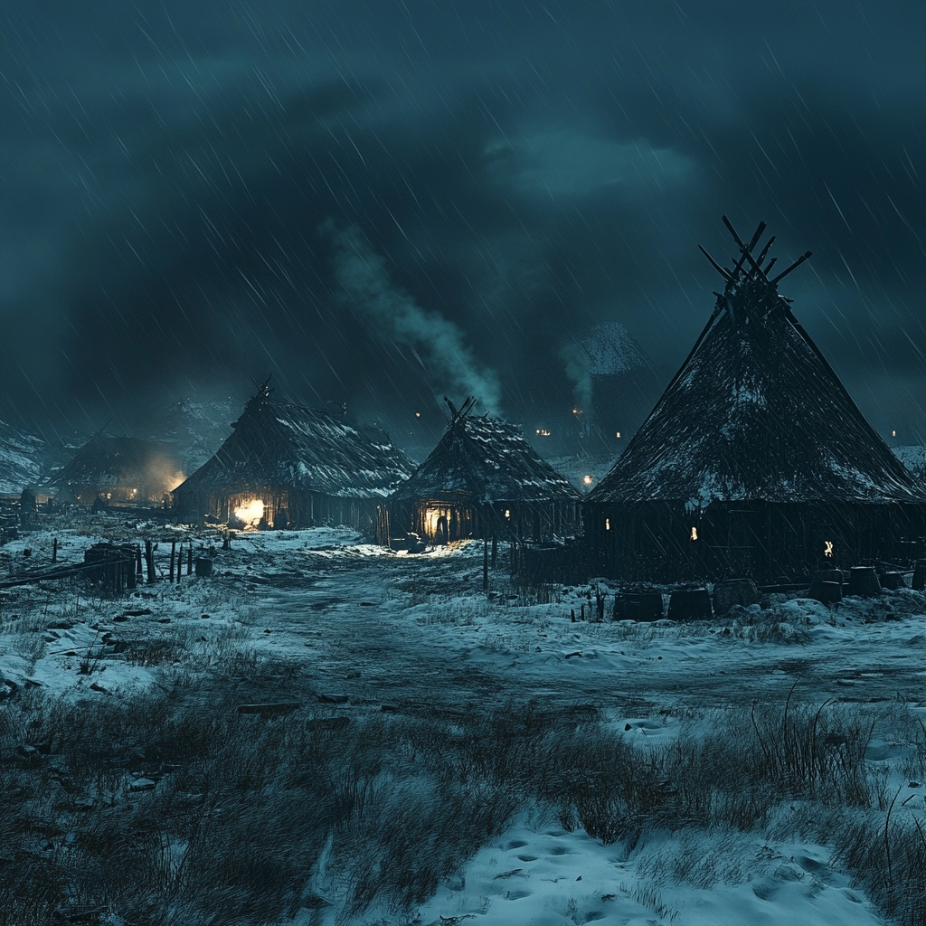 Dark fantasy tundra with small inhabited huts.