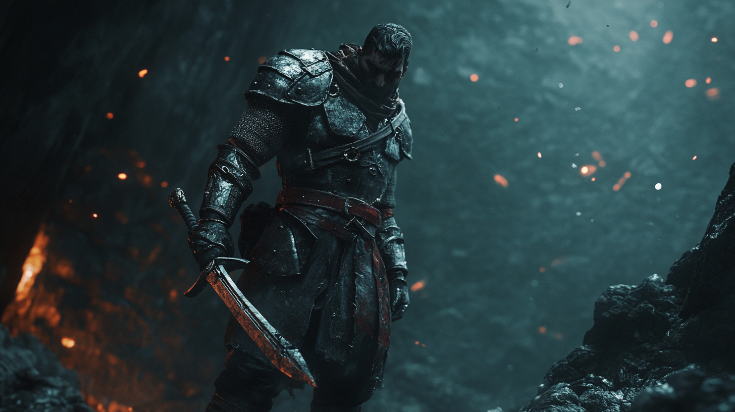 Dark fantasy warrior in intense ultra detailed cinematic action.