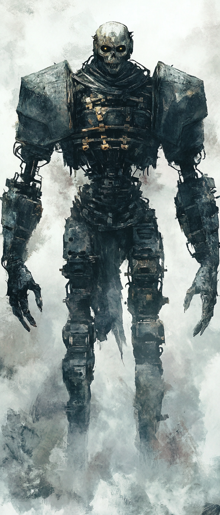 Dark fantasy watercolor art of eerie mechanical construct.