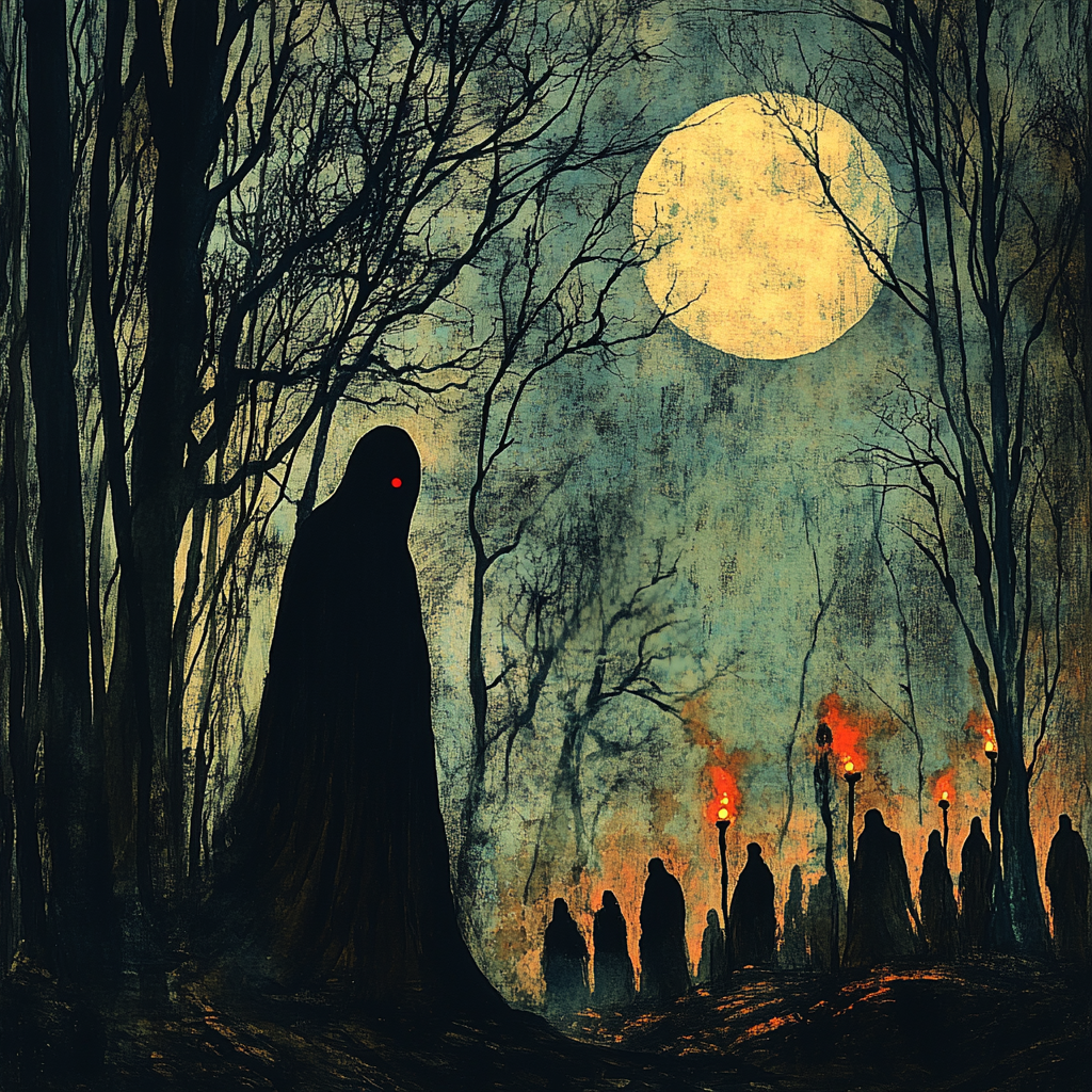 Dark figure in forest with full moon