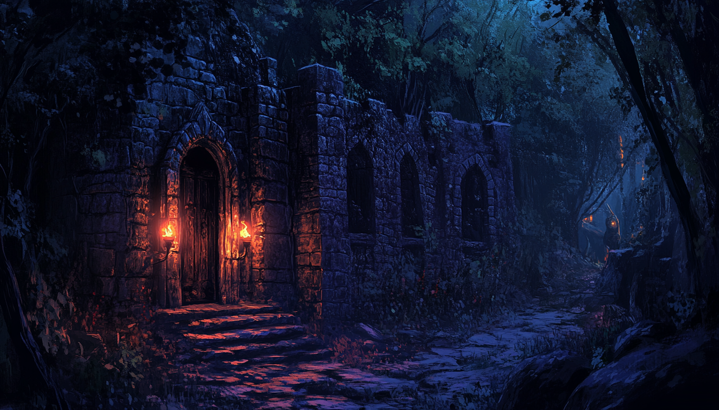 Dark forest hideout with torches, tense atmosphere. Aesthetic realism advertising.