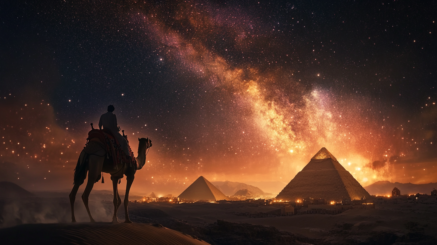 Dark galaxy night sky over Arabian desert with camel rider.