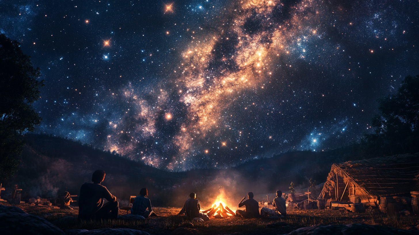 Dark galaxy night sky with village campfire storytelling.