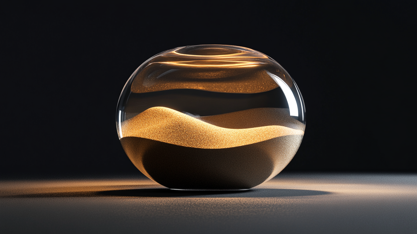 Dark glass abstract object filled with gradient sand swirls.