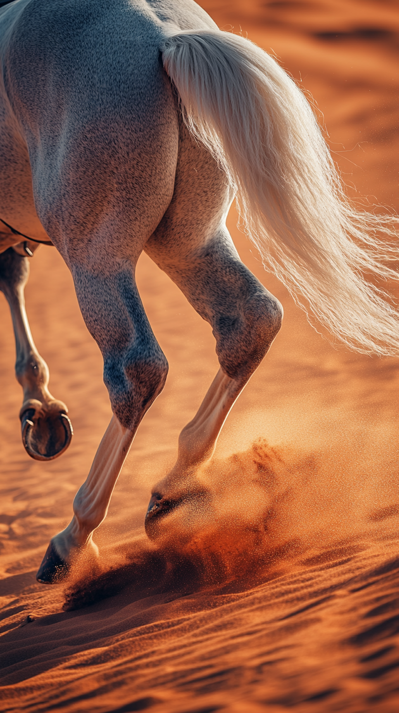 Dark gray horse with white mane running in desert.