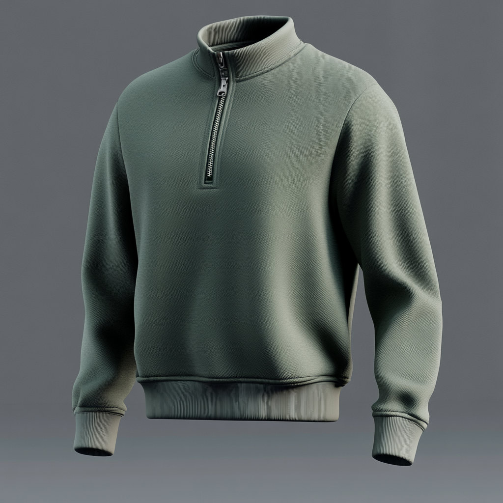 Dark green quarter zip jacket floating realistically in air.