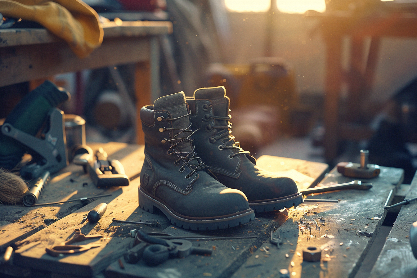 Dark grey boots and tools on workshop floor display.