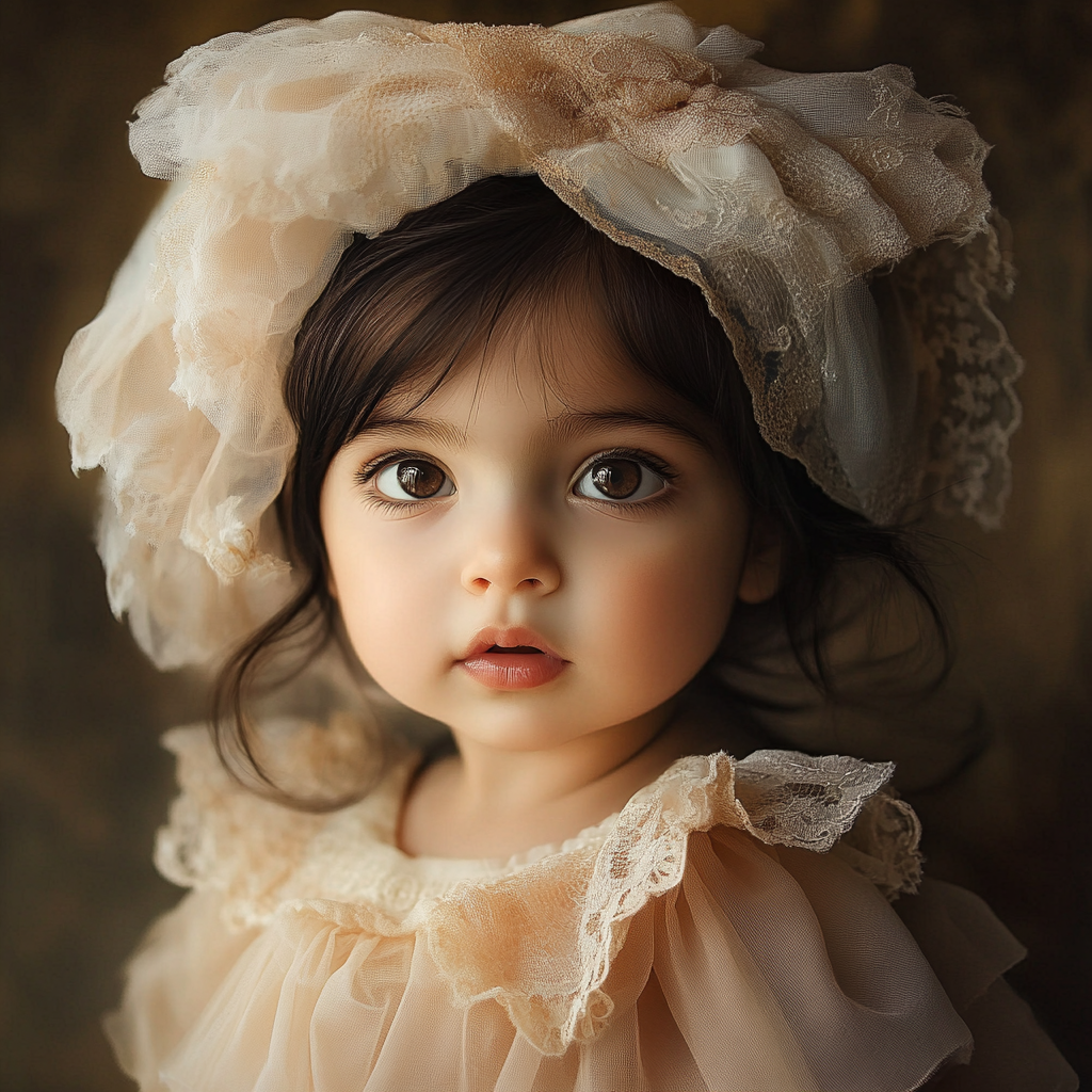 Dark hair, tulle dress, lace details; gentle, innocent expression.