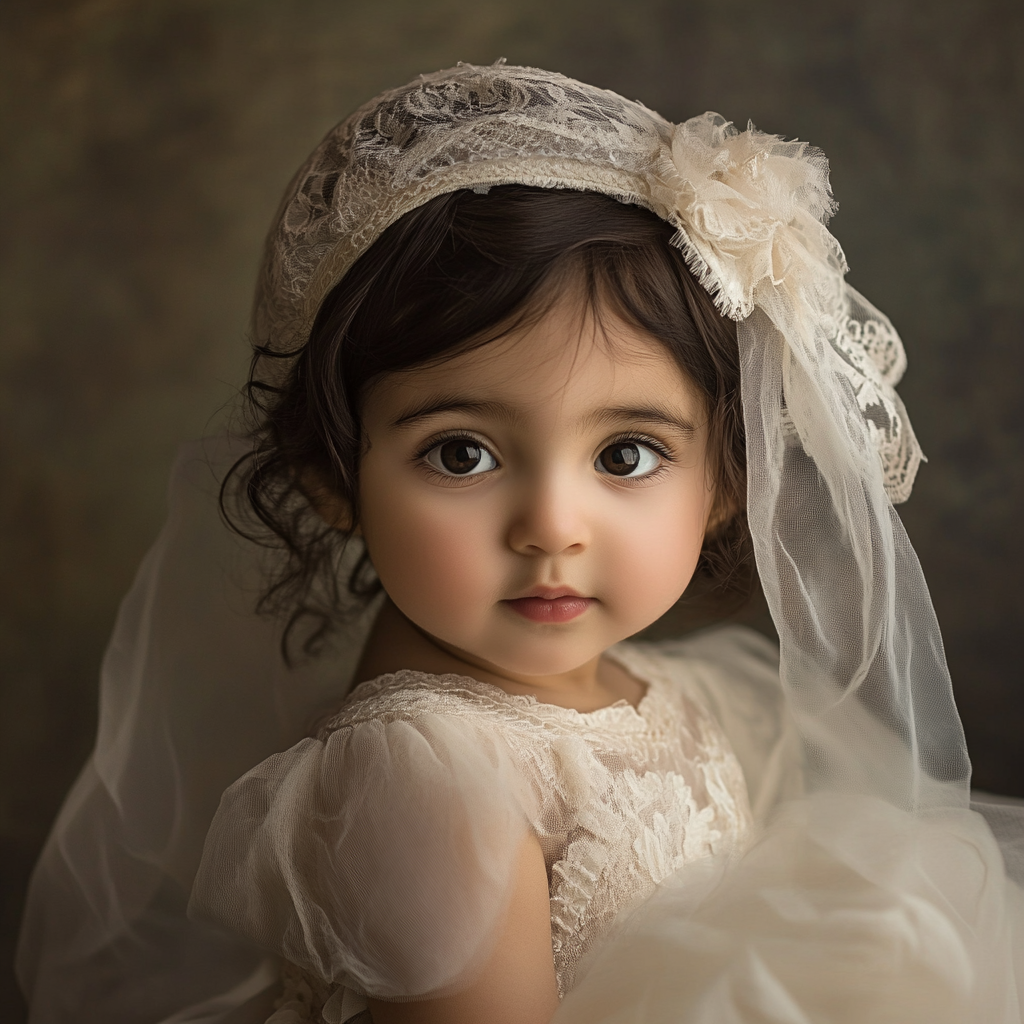 Dark-haired, 1-year-old Iranian girl in lace adorned tulle dress.