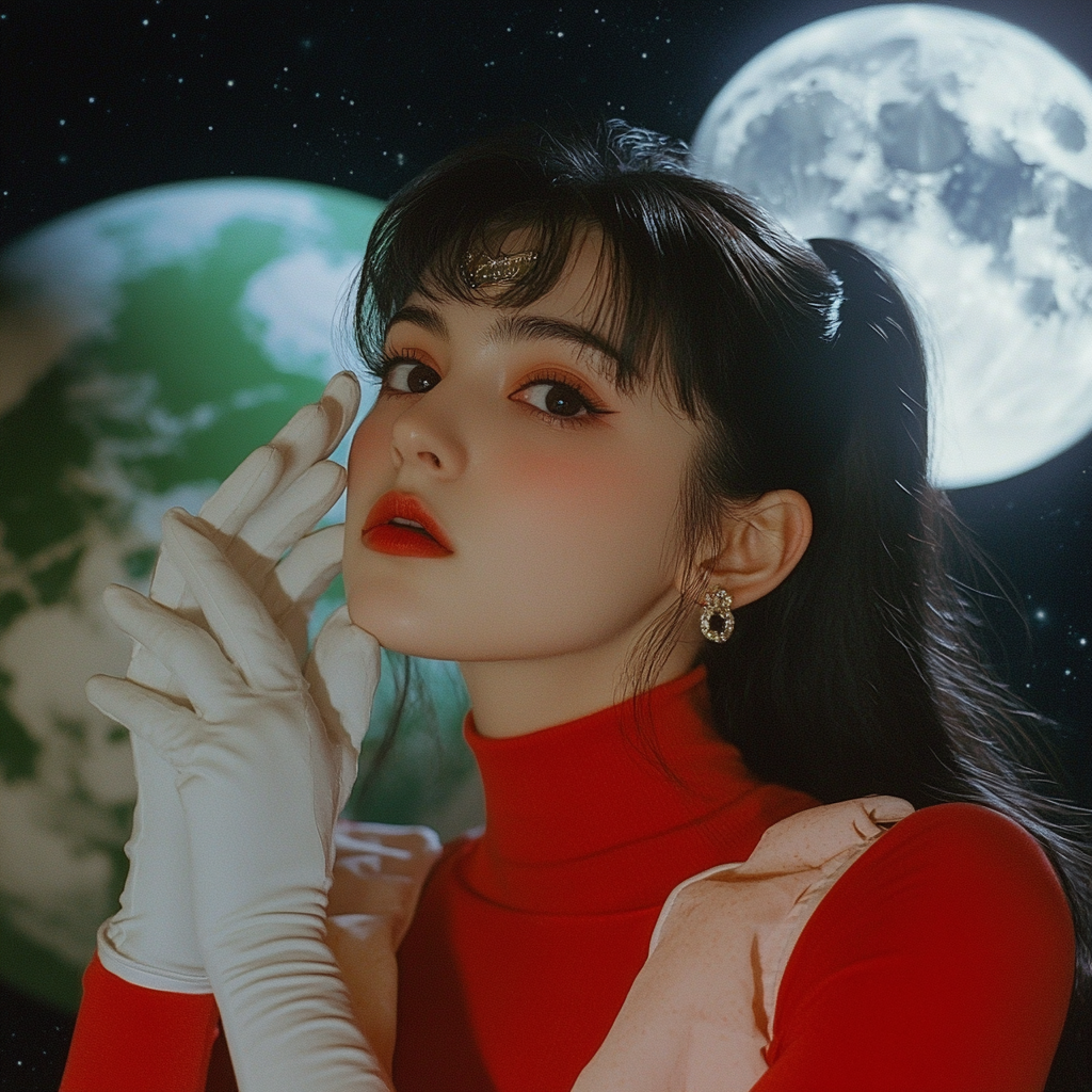 Dark-haired Sailor Moon in red turtleneck poses artistically.