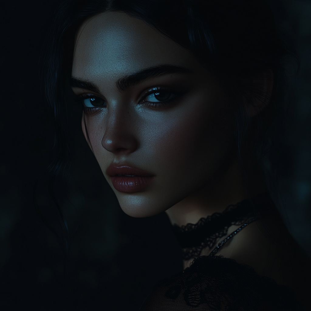 Dark-haired model in high fashion, eerie vibes