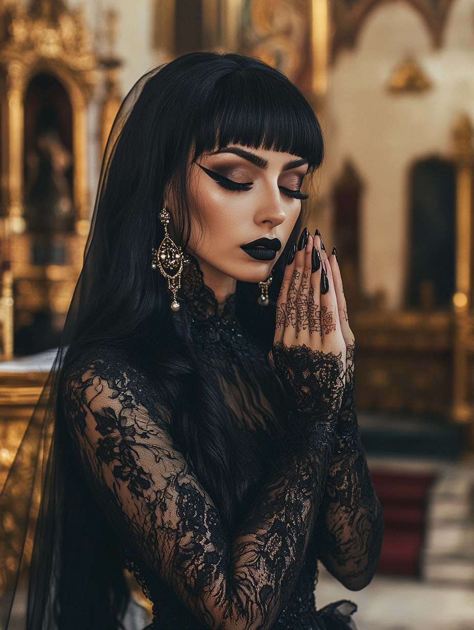 Dark-haired woman in baroque altar praying, elegant look