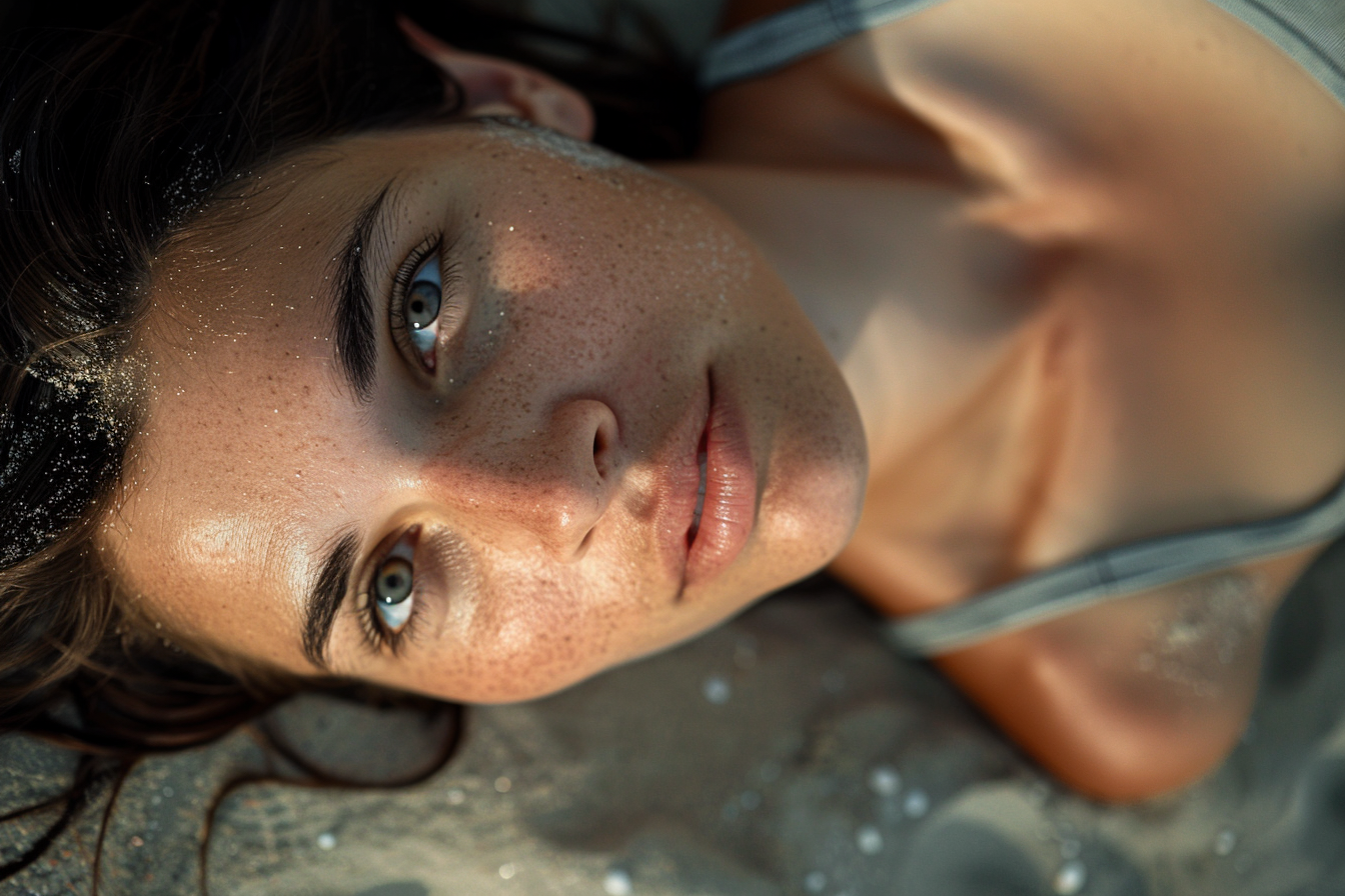 Dark-haired woman playing in sand, realistic portrait photo.