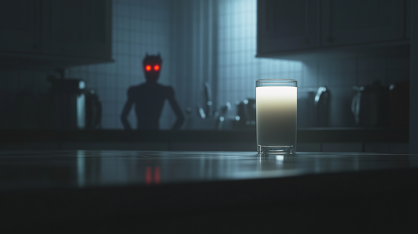 Dark kitchen, glowing glass of milk, shadowy Homelander